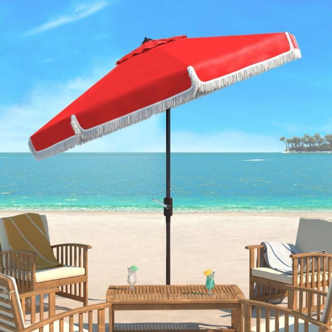 Red and White Fringe Tilting Outdoor Umbrella