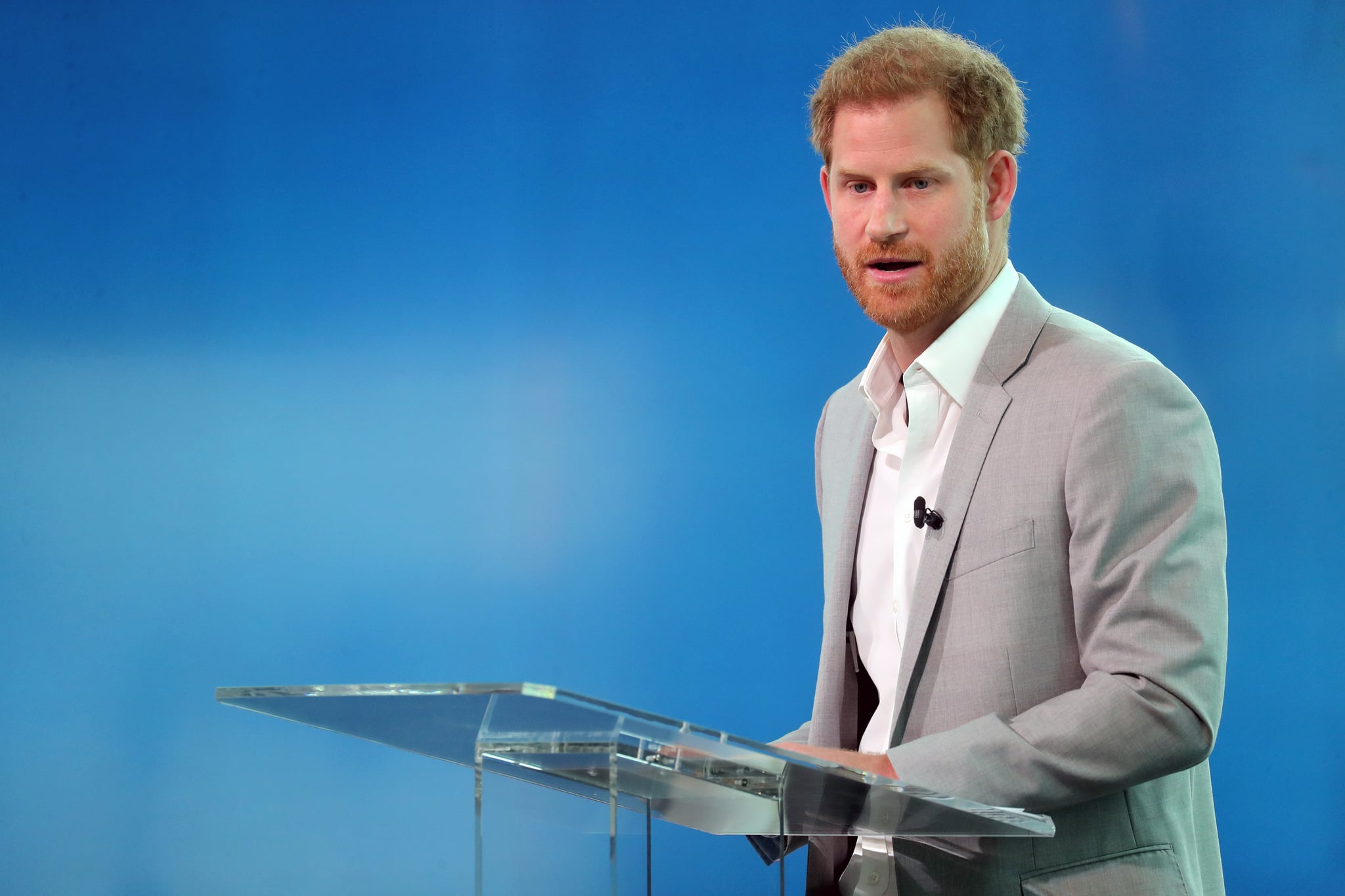 AMSTERDAM, NETHERLANDS - SEPTEMBER 03: Prince Harry, Duke of Sussex announces a partnership between Booking.com, SkyScanner, CTrip, TripAdvisor and Visa called 'Travalyst' at A'dam Tower on September 03, 2019 in Amsterdam, Netherlands. The initiative is to help transform the travel industry to better protect tourist destinations. (Photo by Chris Jackson/Getty Images)