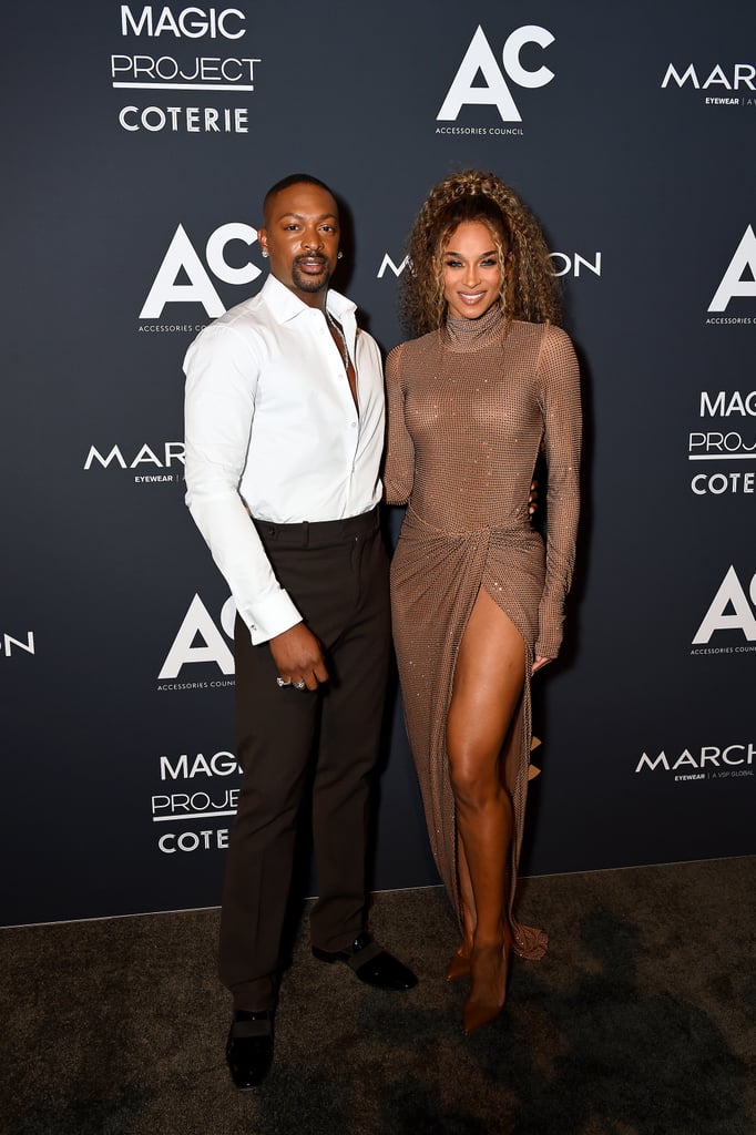 See Ciara's Brown Rhinestone, Thigh Slit LaQuan Smith Dress