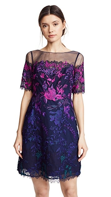 Marchesa Ombre Cocktail Dress with Floral Embroidery