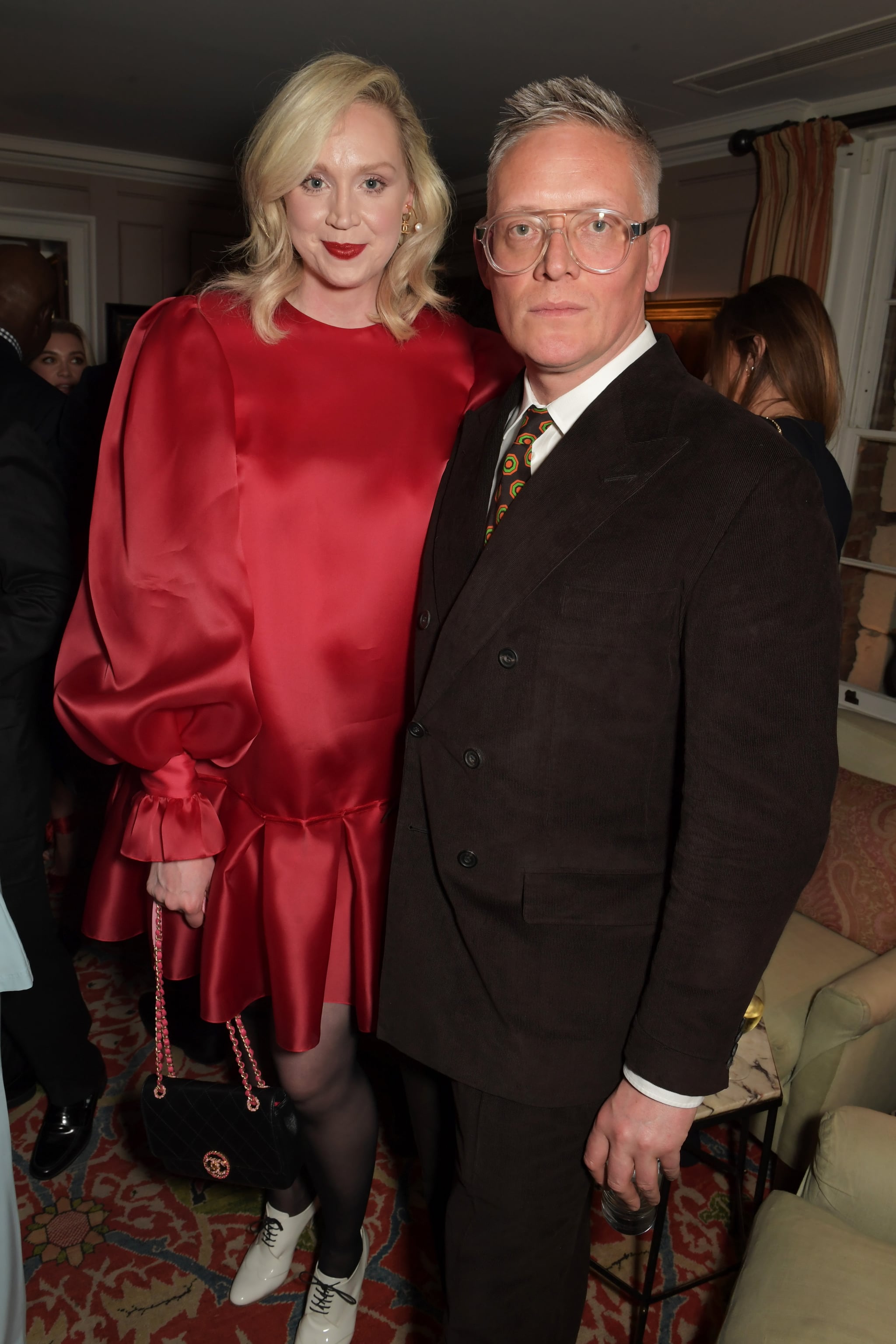 LONDON, ENGLAND - FEBRUARY 01:    Gwendoline Christie and Giles Deacon arrive at the Charles Finch & CHANEL Pre-BAFTA Party at 5 Hertford Street on February 1, 2020 in London, England.  (Photo by David M. Benett/Dave Benett/Getty Images)