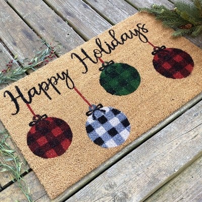 Farmhouse Living Happy Holidays Rustic Ornaments Coir Doormat