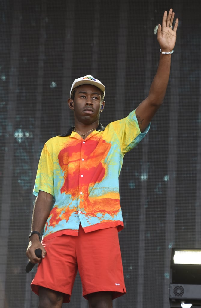 During Lollapalooza in 2018, Tyler wore this trippy tie-dye button-down with red shorts.