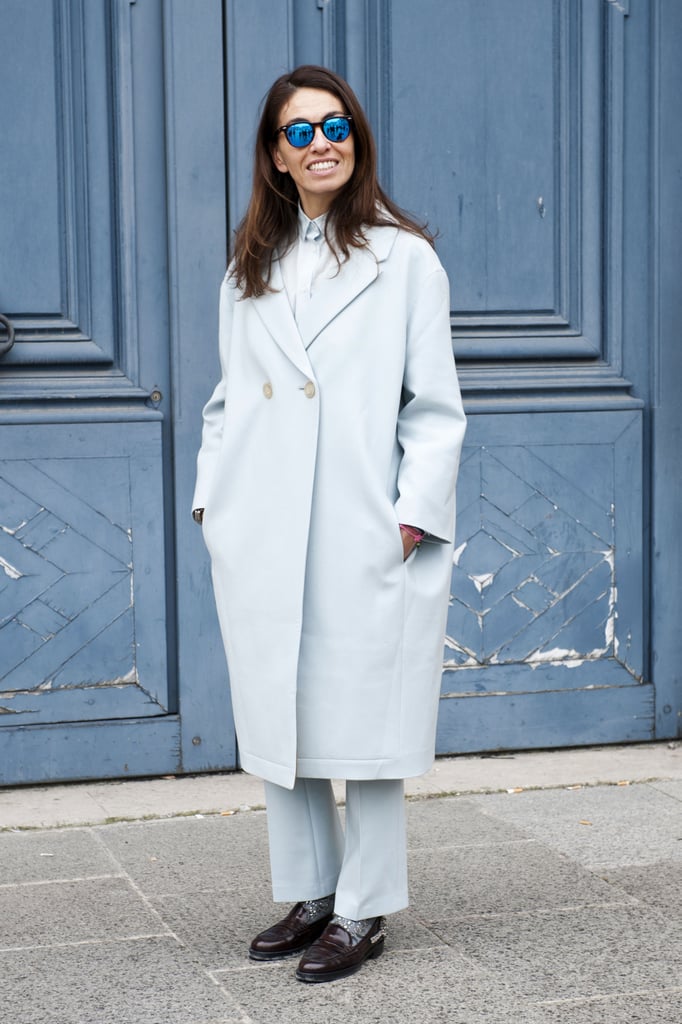 Pale blue menswear accessorized with high-impact shades. Pale blue menswear accessorized with high-impact shades.