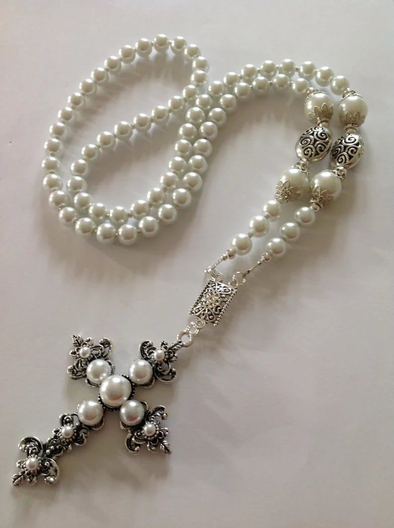 Long White Glass Pearl Large Cross Necklace