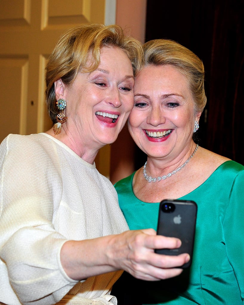 It's Meryl Steep and Hillary Clinton! The queen of Hollywood and the most powerful woman in Washington united for a smiley selfie at the Kennedy Center Honors in December 2012. Meryl donated her image to a charity. For $200, you can have a copy of the iconic selfie and contribute to Shutter to Think's education efforts.