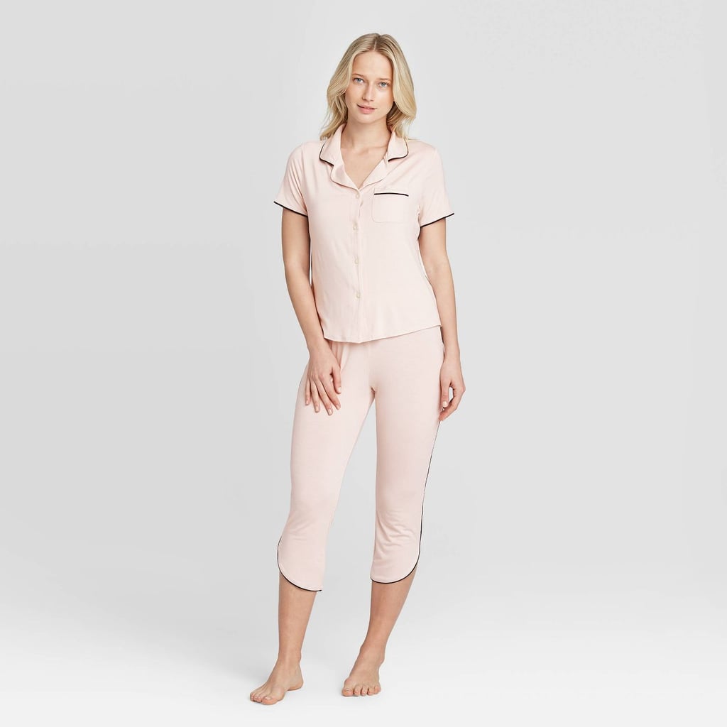 Stars Above Beautifully Soft Crop Notch Collar Pajama Set in Soft Pink