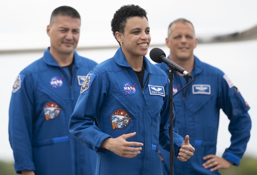 CAPE CANAVERAL, FL - APRIL 18: In this NASA handout, NASA astronaut Jessica Watkins speaks to members of the media after arriving at the Launch and Landing Facility at NASAs Kennedy Space Center with fellow crewmates NASA astronauts Robert Hines, Kjell Li