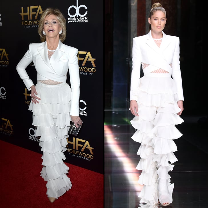 Jane Fonda wearing a Spring '16 Balmain look months after Doutzen Kroes debuted it on the runway.