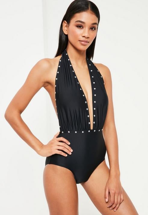 Missguided Black Stud Detail Plunge Neckline Swimsuit