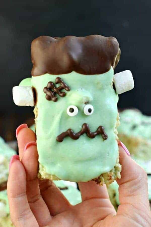 Frankenstein Mint Chocolate Chip Rice Krispies Treats