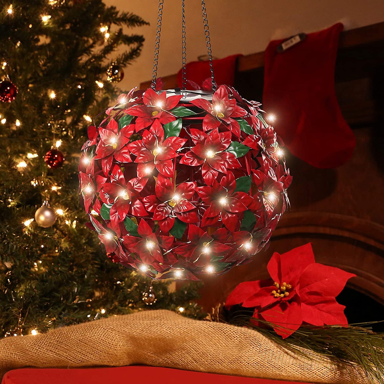 Alpine Corporation Solar Christmas Hanging Poinsettia Ornament