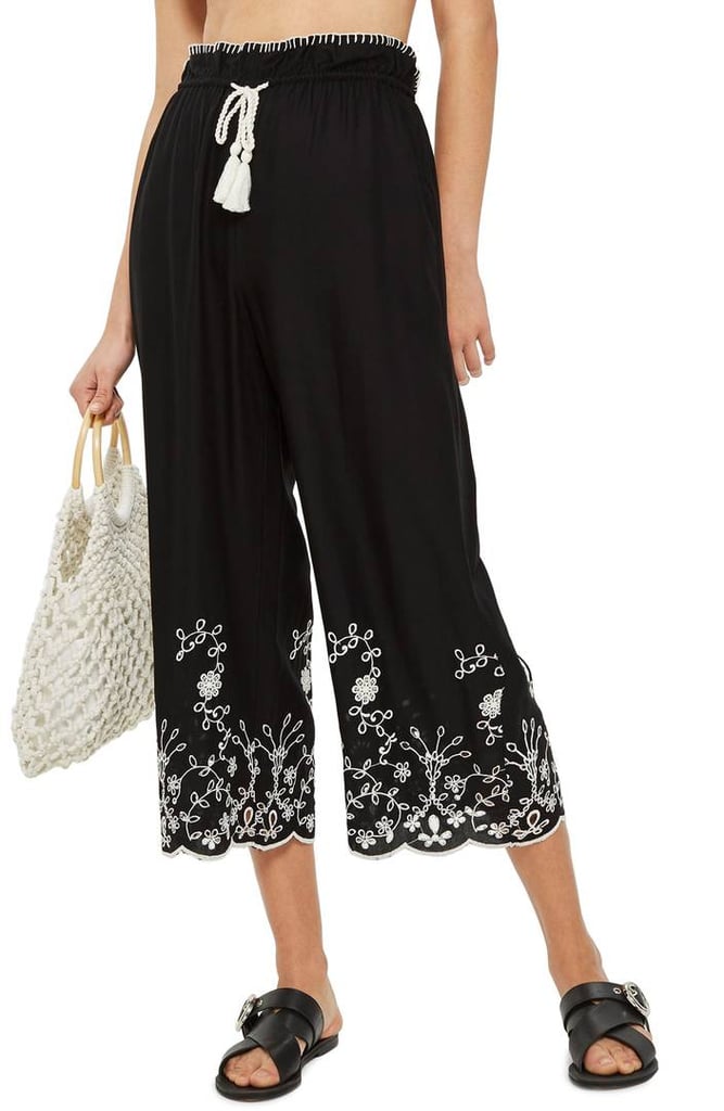Topshop Embroidered Crop Wide Trousers