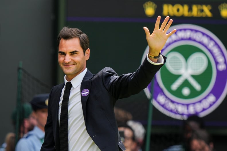 LONDON, ENGLAND - JULY 03: Roger Federer of Switzerland greets the audience during the Centre Court Centenary Celebration during day seven of The Championships Wimbledon 2022 at All England Lawn Tennis and Croquet Club on July 03, 2022 in London, England.