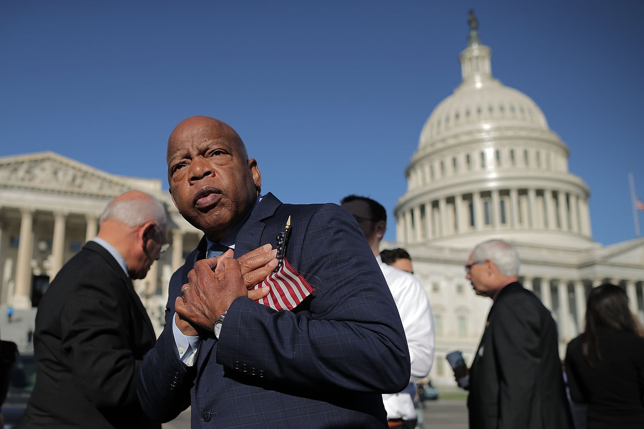 WASHINGTON, DC - OCTOBER 04:  Rep. John Lewis (D-GA) thanks anti-gun violence supporters following a rally with fellow Democrats on the East Front steps of the U.S. House of Representatives October 4, 2017 in Washington, DC. The Democratic members of Congress held the rally to honour the victims of the mass shooting in Las Vegas and to demand passage of the bipartisan King-Thompson legislation to strengthen background checks and establishing a bipartisan Select Committee on Gun Violence.  (Photo by Chip Somodevilla/Getty Images)