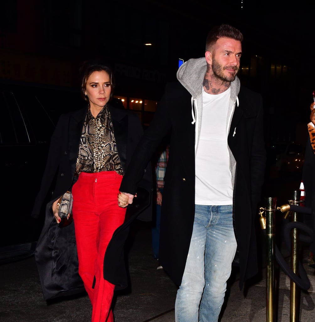 Victoria Beckham Red Pants and Snakeskin Blouse January 2019