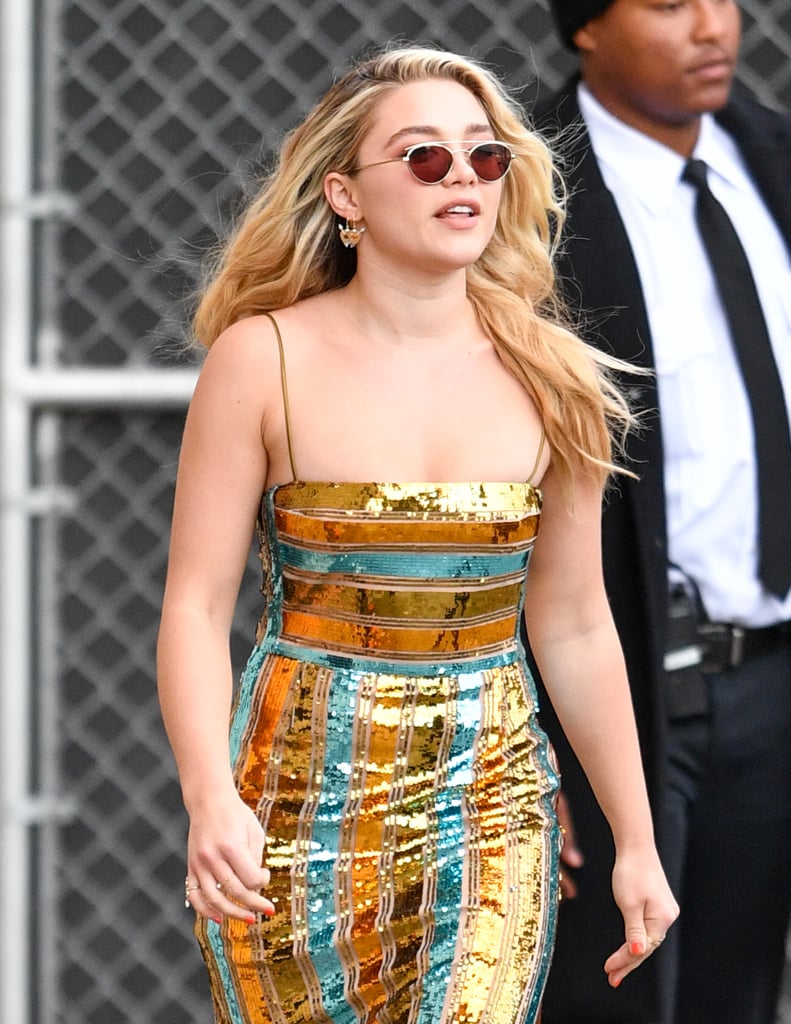 Florence Pugh's Striped Sequin Dress on Jimmy Kimmel Live