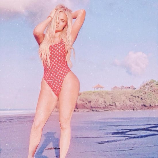 Khloe Kardashian Red Louis Vuitton Supreme Swimsuit