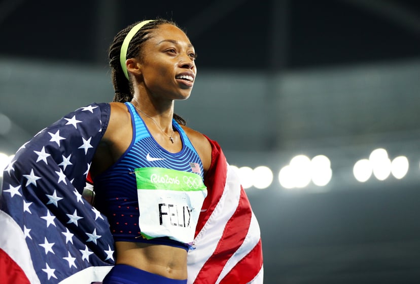 RIO DE JANEIRO, BRAZIL - AUGUST 20:  Allyson Felix of the United States reacts after winning gold during the Women's 4 x 400 meter Relay on Day 15 of the Rio 2016 Olympic Games at the Olympic Stadium on August 20, 2016 in Rio de Janeiro, Brazil.  (Photo b