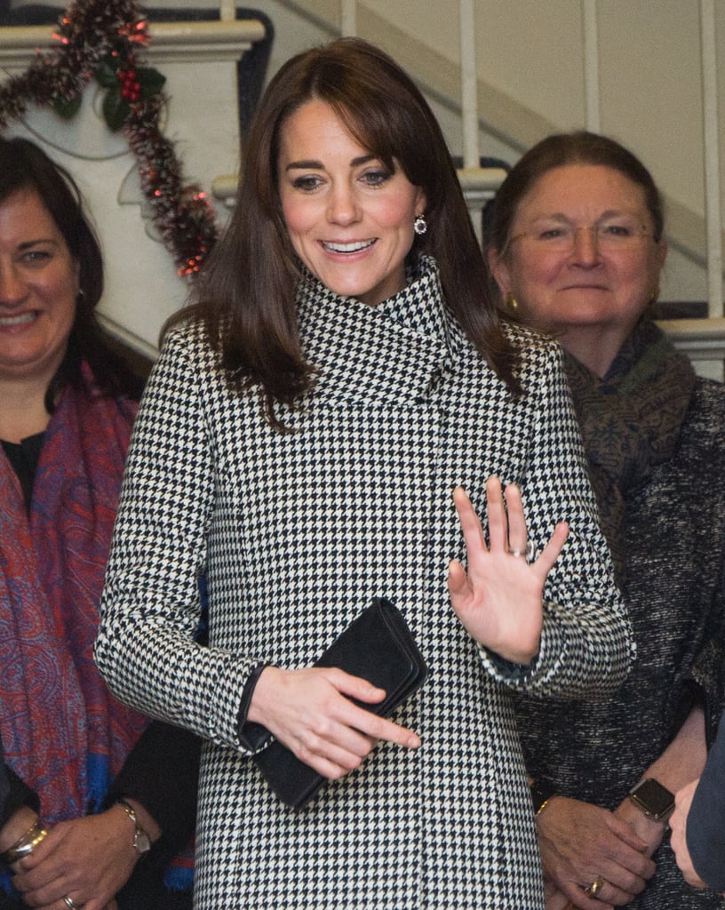 Kate Middleton Wearing Houndstooth Coat and Blue Dress