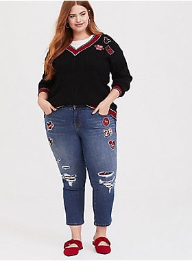 Torrid Disney Mickey Mouse Medium Wash Boyfriend Jean With Patches