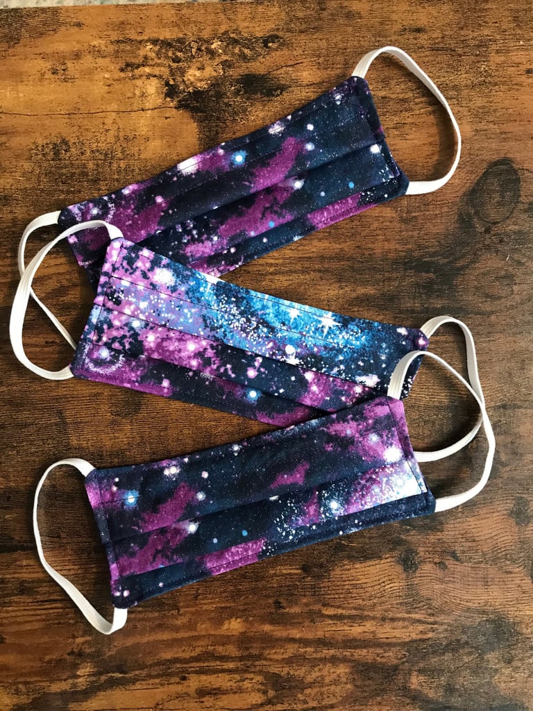 Kid or Child Size Galaxy Outer Space Print Blue, Purple, and White Nose Wire Face Mask