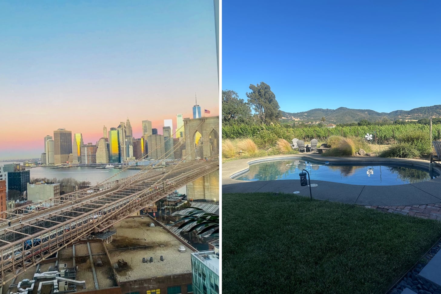 Two side-by-side images of the Brooklyn, NY, skyline at sunset and a backyard with a pool and a mountain view in Napa Valley, CA, where I stayed during two home swap trips.
