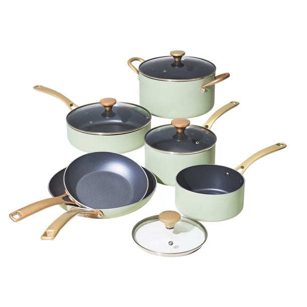 Beautiful 10 PC Cookware Set, Sage Green by Drew Barrymore