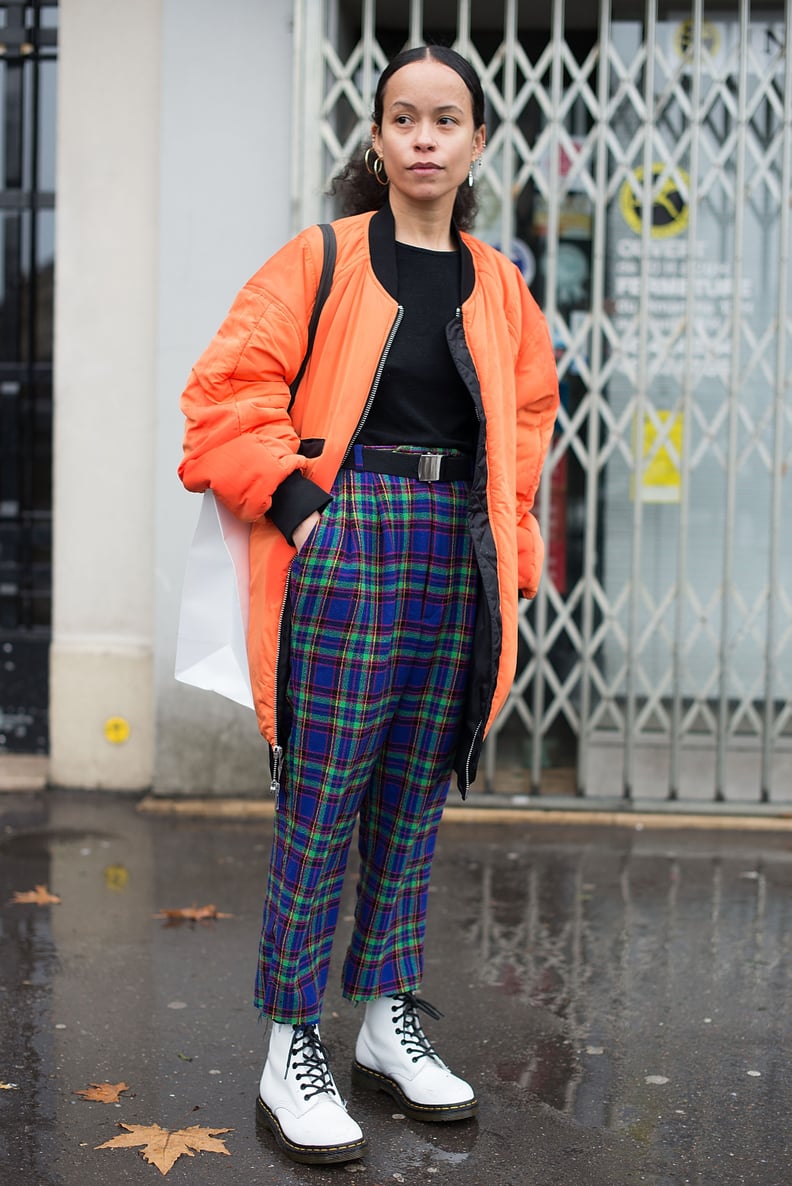 Bright Bomber, Plaid Pants, and Doc Martens Boots