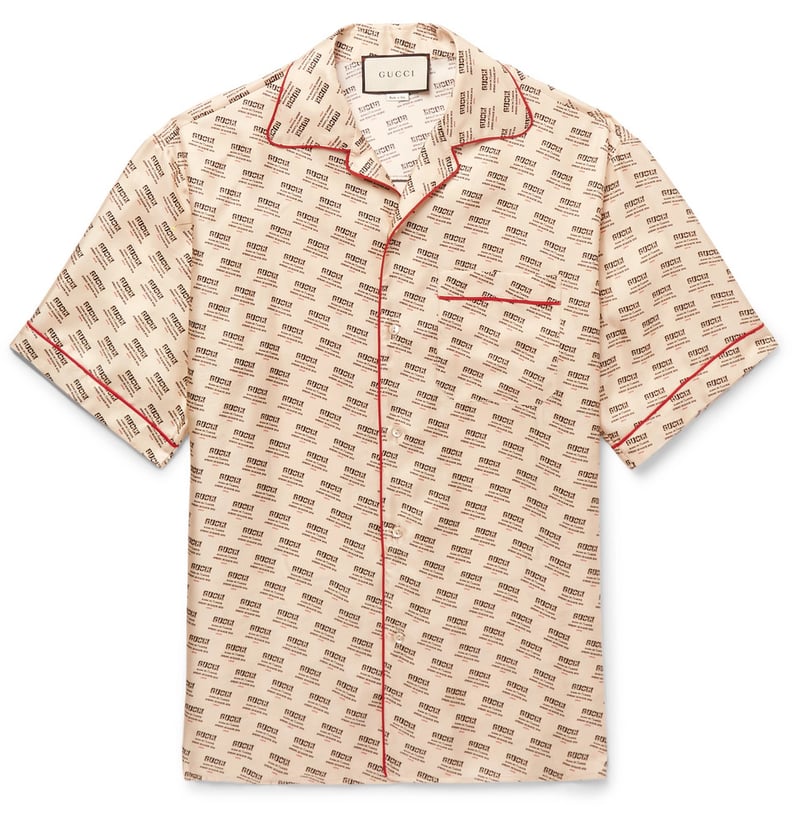 Gucci Camp-Collar Piped Logo-Print Silk-Twill Shirt