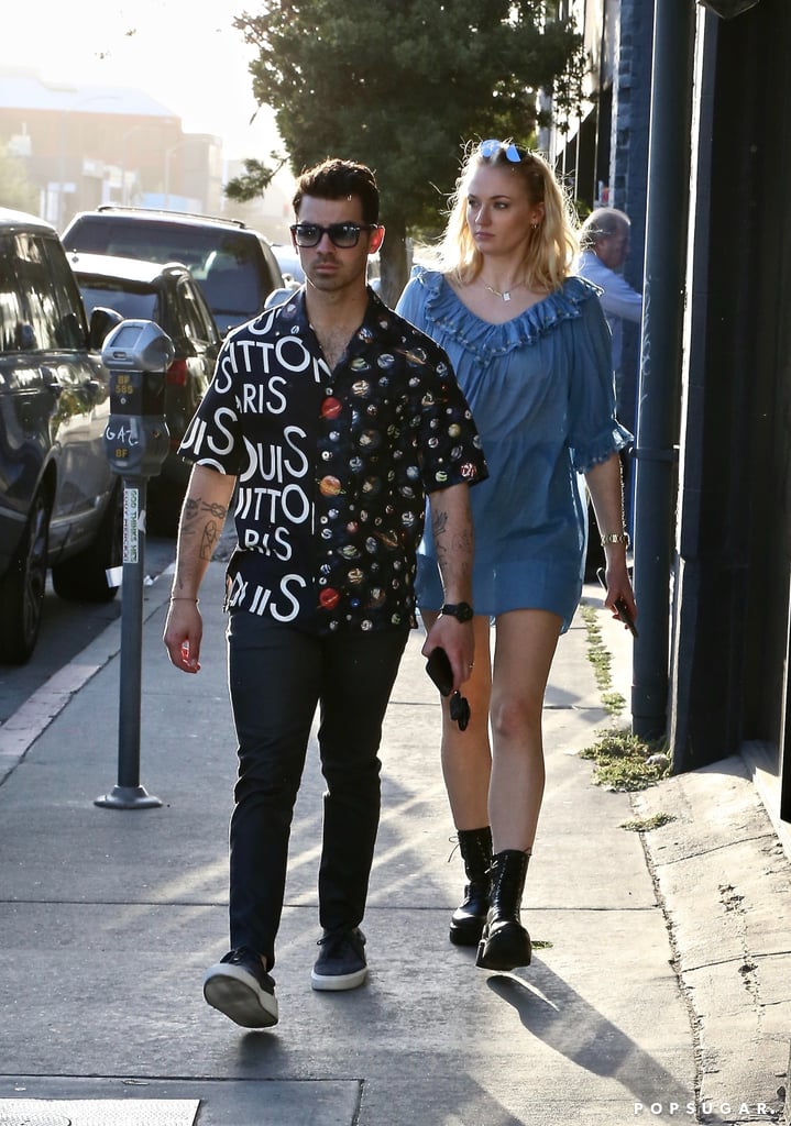 Sophie Turner Wearing Blue Minidress, Combat Boots With Joe