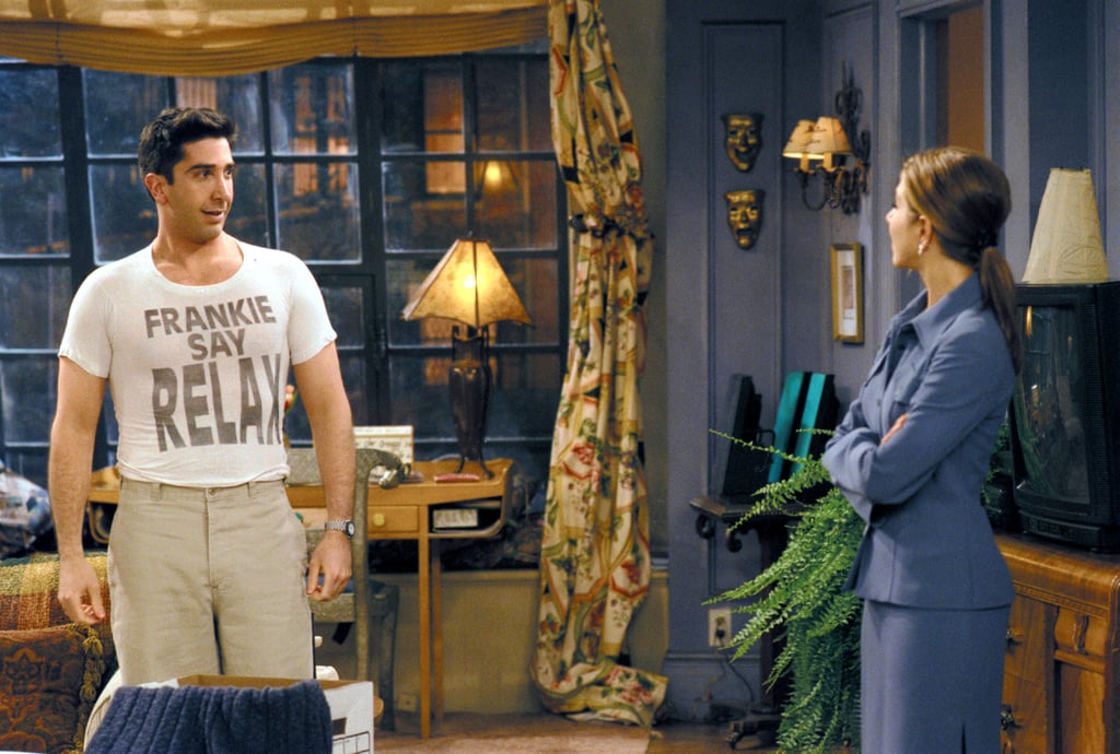 How amazing is this too-small-for-comfort "Frankie Say Relax" tee that Ross wears to prove a point to Rachel?