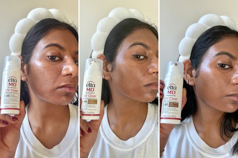 A women trying out the untinted UV Clear SPF 46, the Tinted UV Clear SPF 46, and the Deep Tinted UV Clear SPF 46 sunscreens on her skin.
