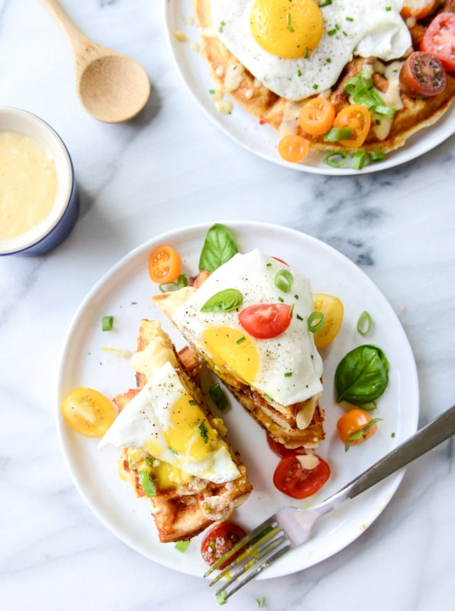Cheddar Cornbread Waffles With Fried Eggs and Queso