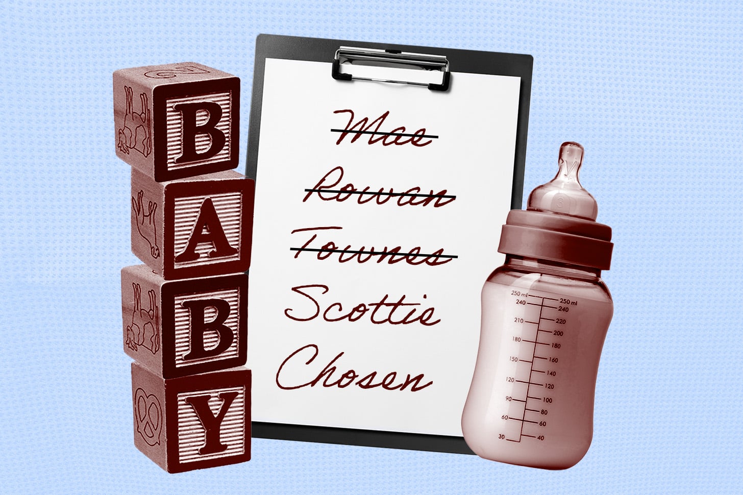 illustrated list of baby names next to block letters and a baby bottle
