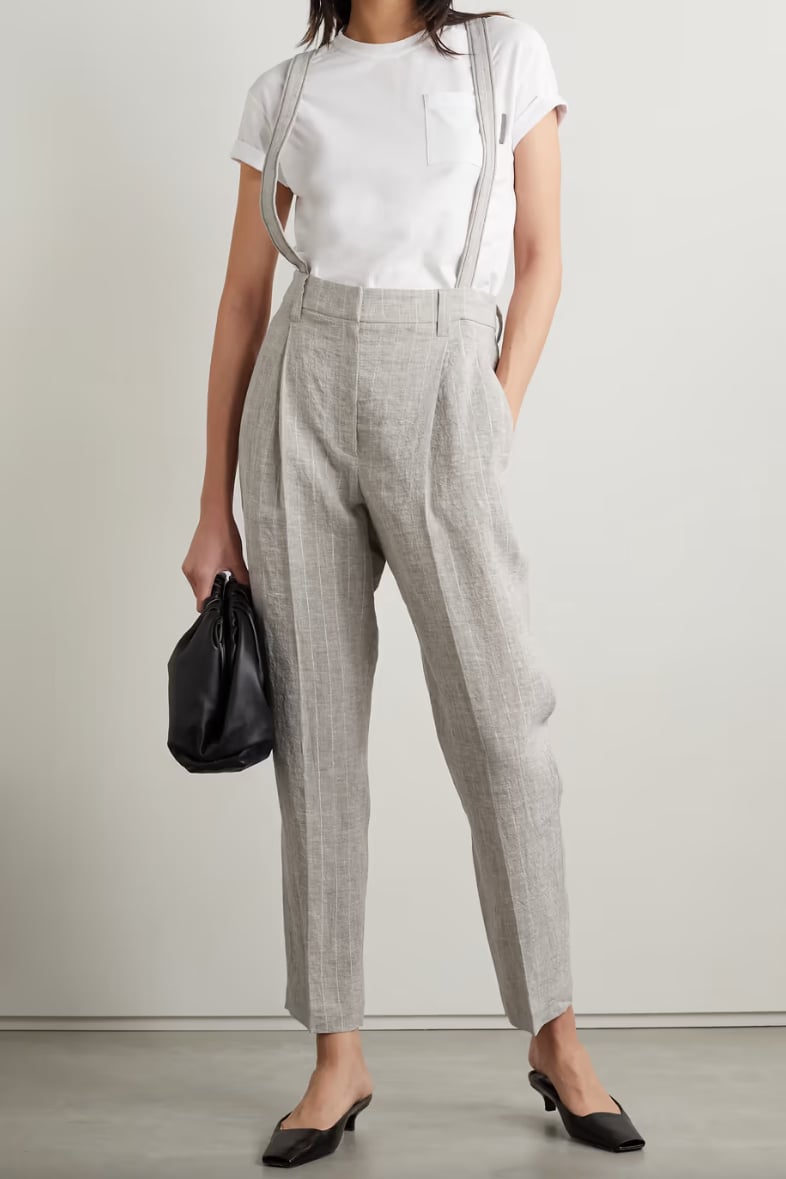 Brunello Cucinelli Striped Metallic Linen Straight Leg Pants