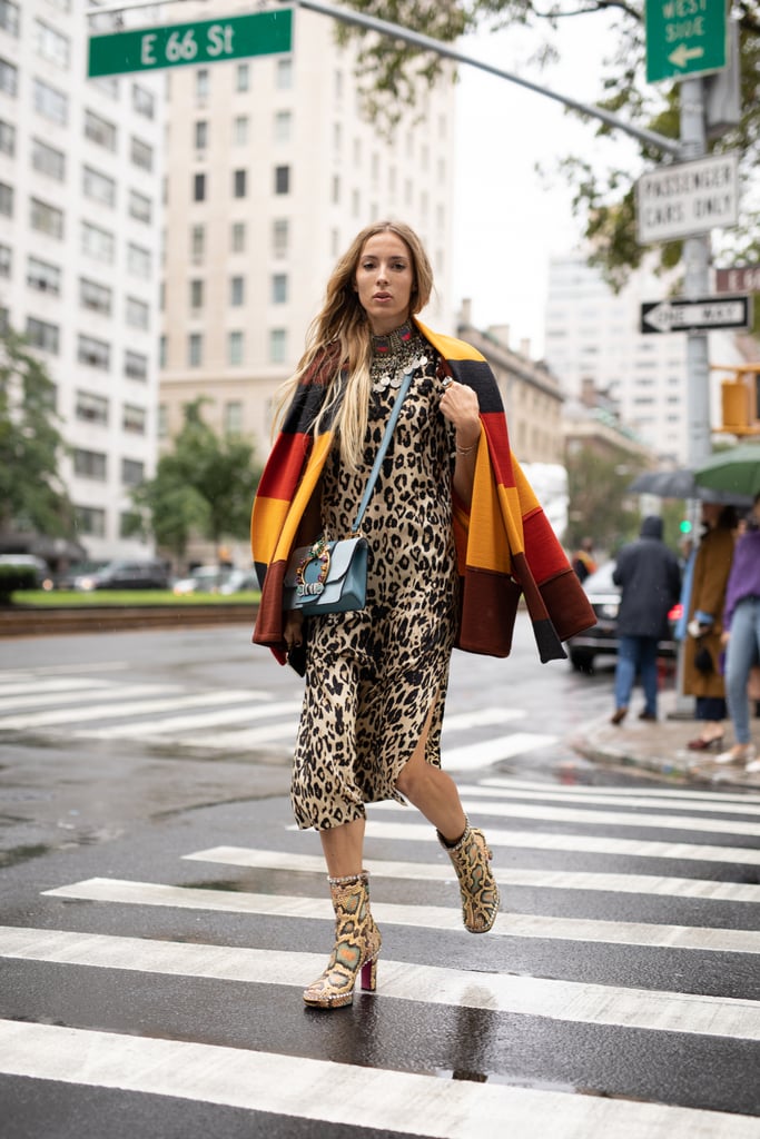 Styling the dress with a color-block coat.