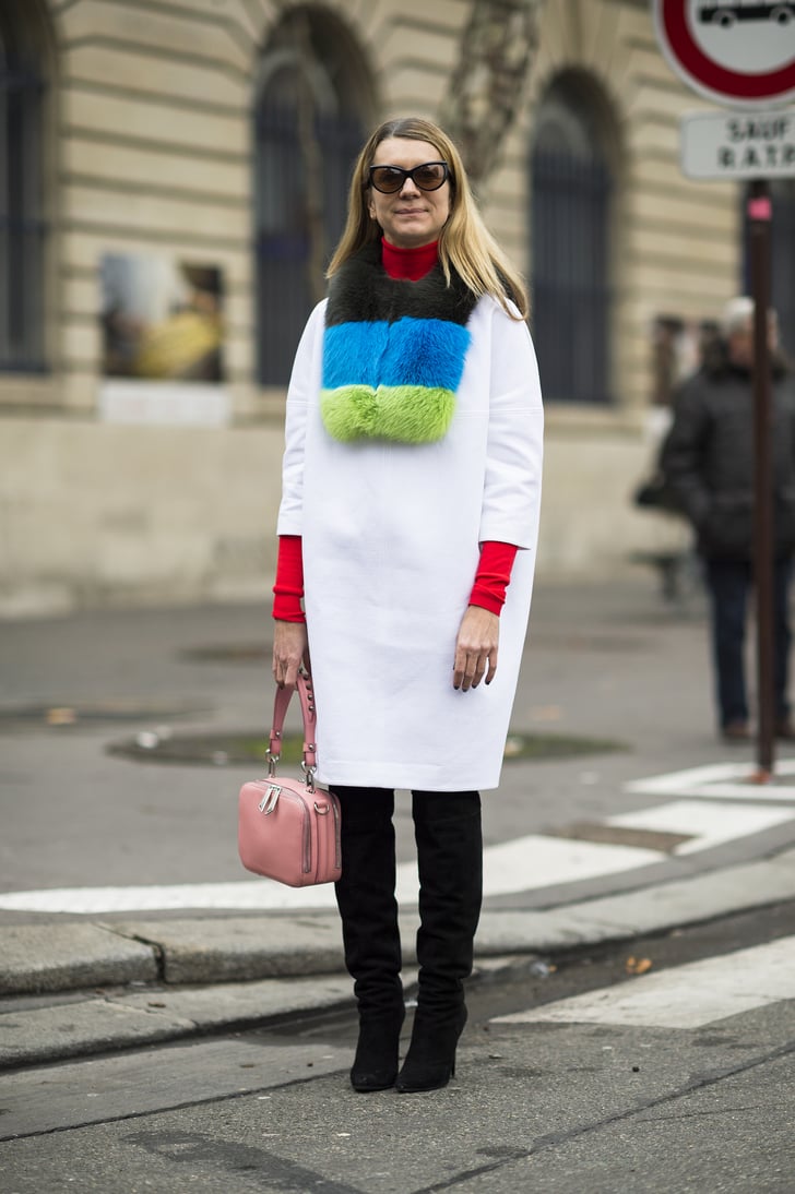 Natalie Joos added oomph to a stark white coat with pops of color on ...
