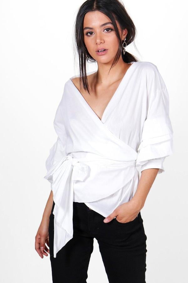 Boohoo Laura Ruched Sleeve Wrap Blouse
