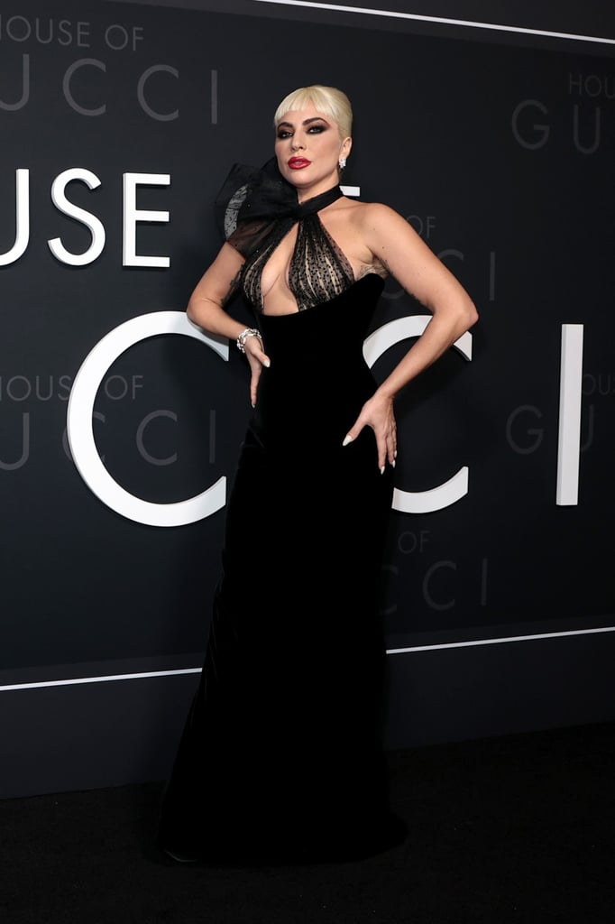 Lady Gaga Wears Velvet Dress With Sheer Polka Dot Halter Top