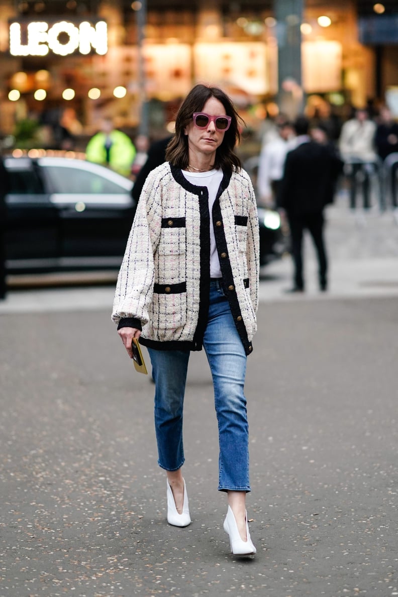 With White V Shoes and Textured Outerwear