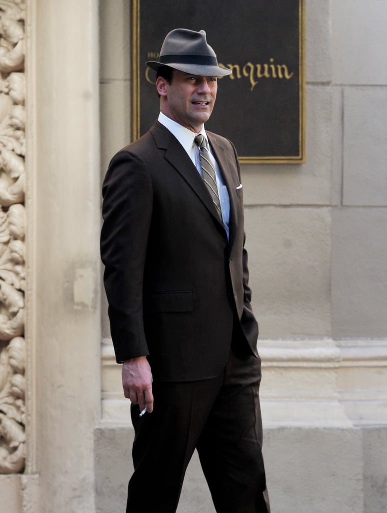 Jon Hamm channeled his inner Don Draper and lit up a cigarette while filming scenes for Mad Men in LA on Tuesday.