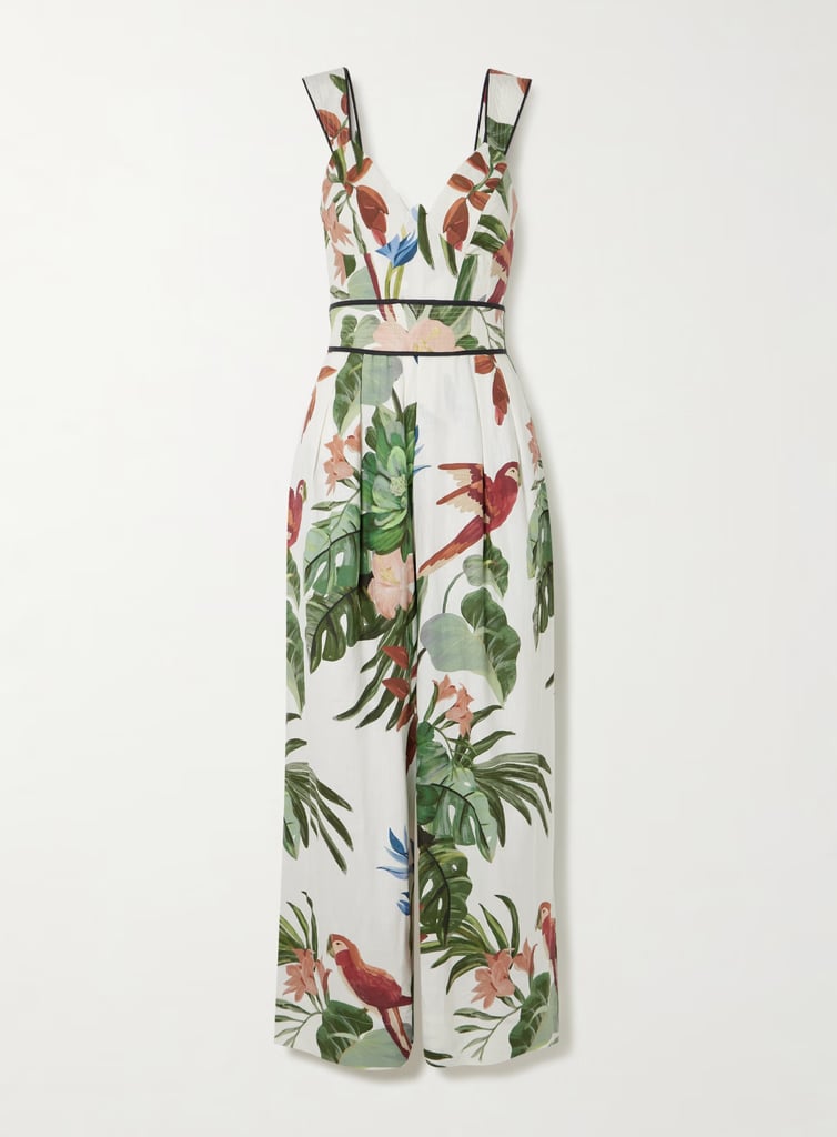 Farm Rio Midnight Macaw Fiesta Printed Linen-Blend Jumpsuit