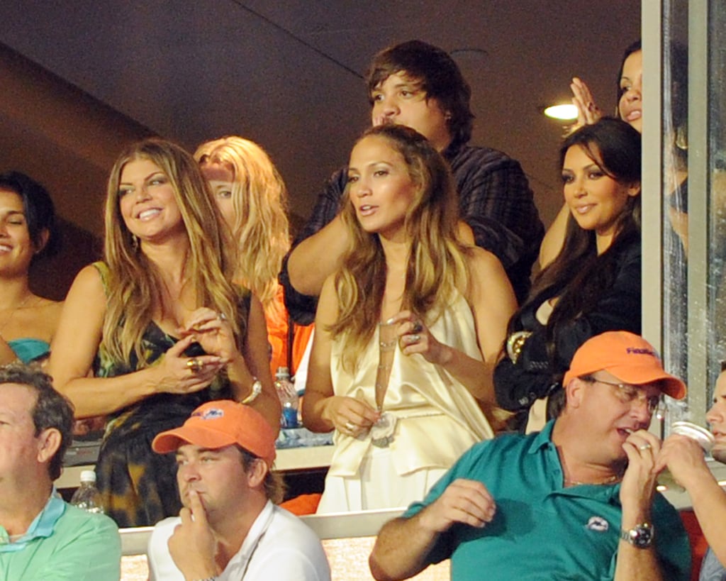 Fergie, Jennifer Lopez, and Kim Kardashian cheered on the Miami Dolphins from box seats in September 2010.