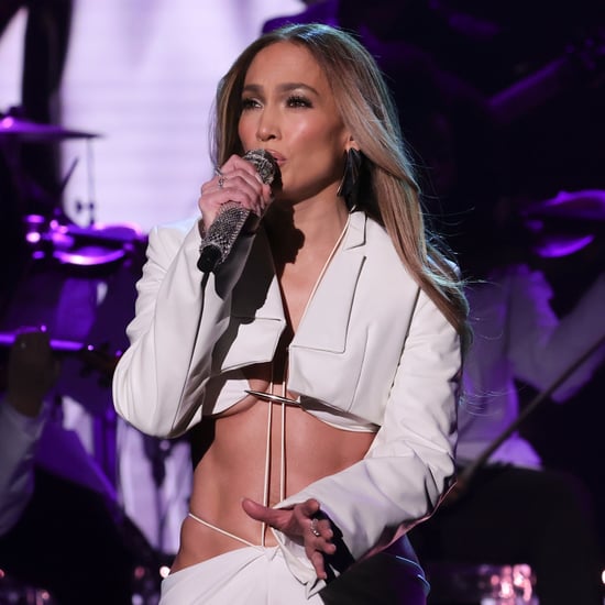J Lo's Cropped Jacket, Bra, and Thong Skirt on Tonight Show