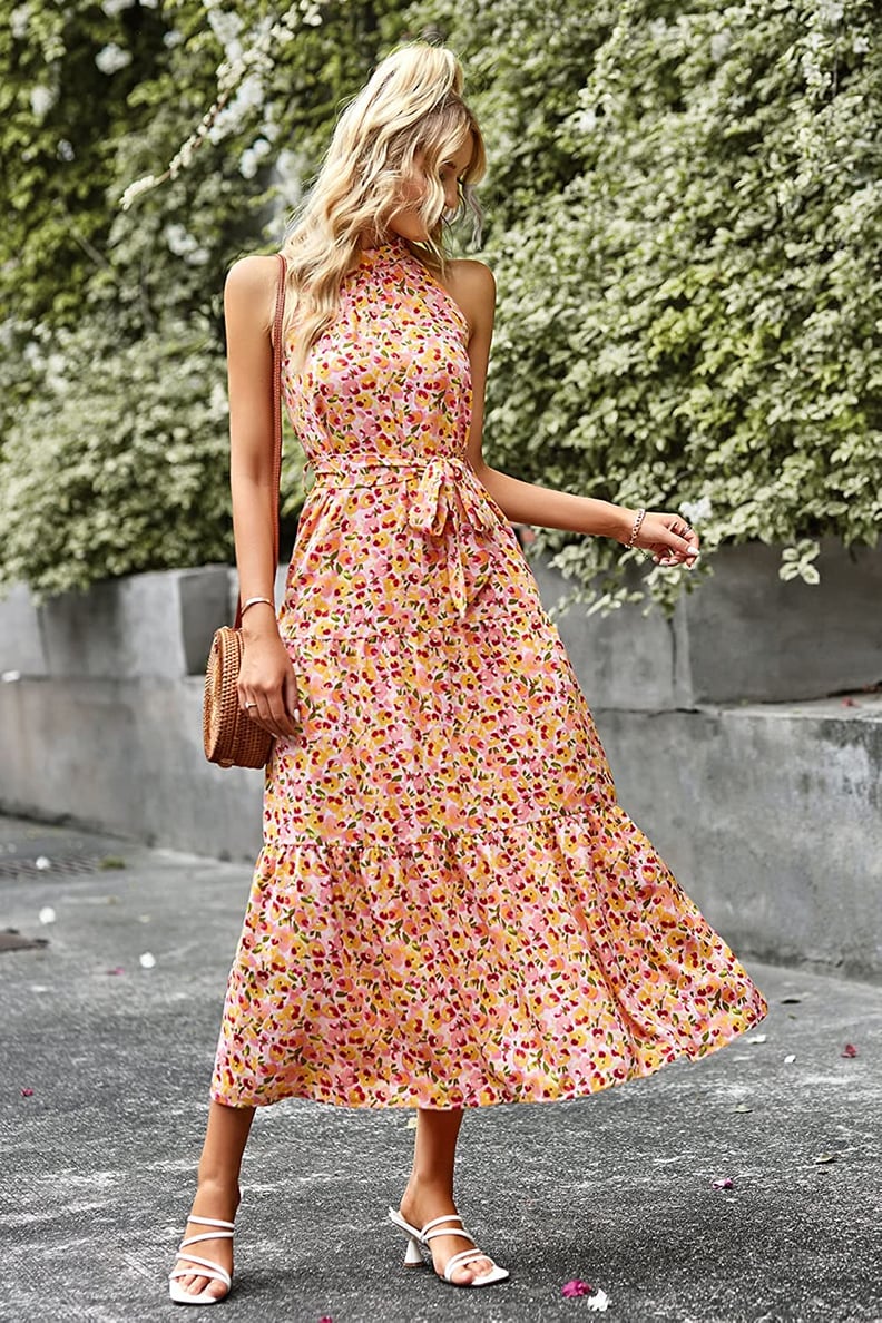 A Flowy Summer Dress: PrettyGarden Halter Neck Flowy Ruffle Floral Maxi Sun Dress