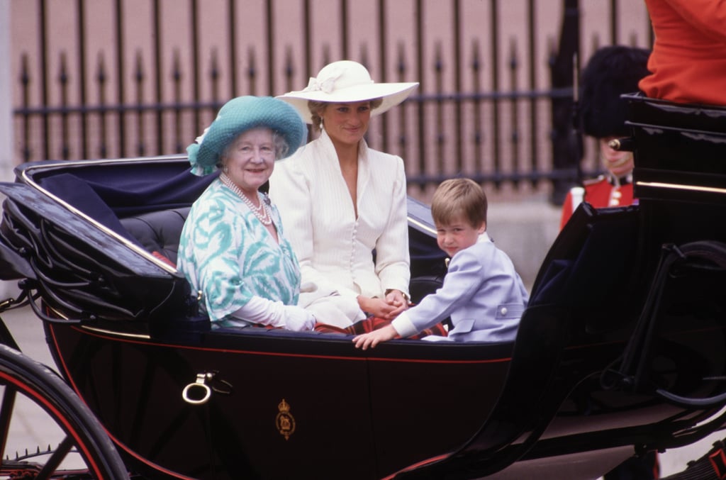 Princess Diana and Prince William rode with the queen mother during the June 1987 Trooping the Colour ceremony.