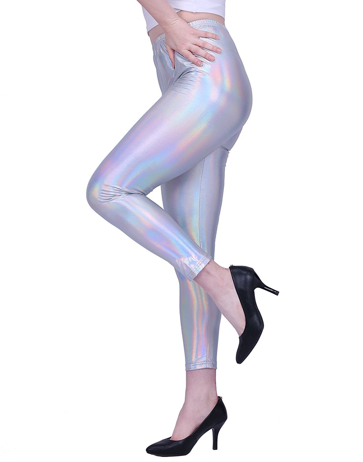 HDE Women's Shiny Holographic Leggings Liquid Metallic Pants Iridescent  Tights (Holographic, Small) at  Women's Clothing store