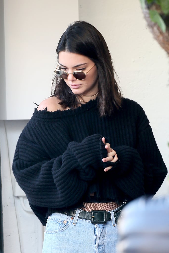 Kendall Jenner Jeans and Fishnet Tights in Paris Jan. 2017