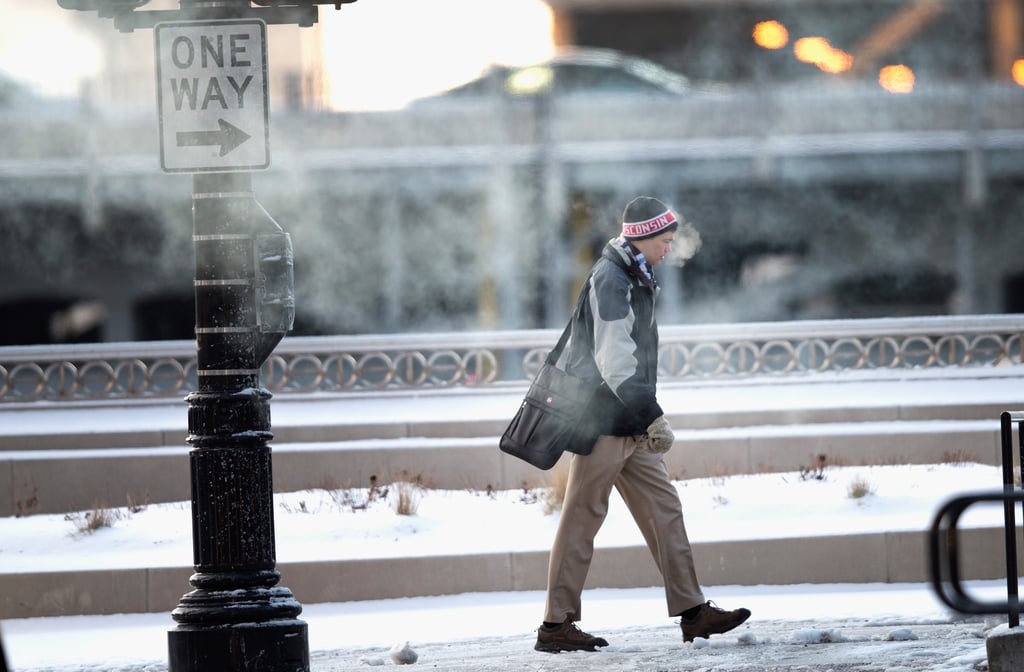 A man made his way through the streets of Chicago during a frigid, zero-degree day.